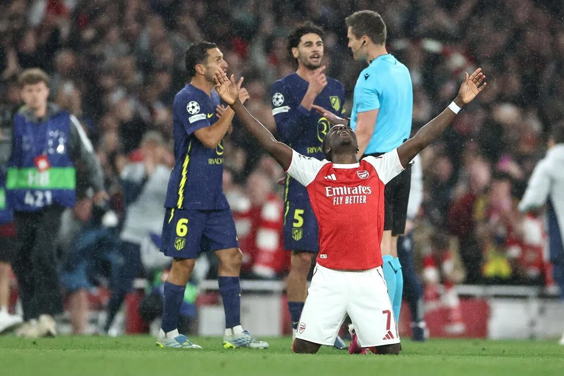 Arsenal's Bukayo Saka celebrating on May 5, after their Champions League semi-final 2nd leg match against Atletico.