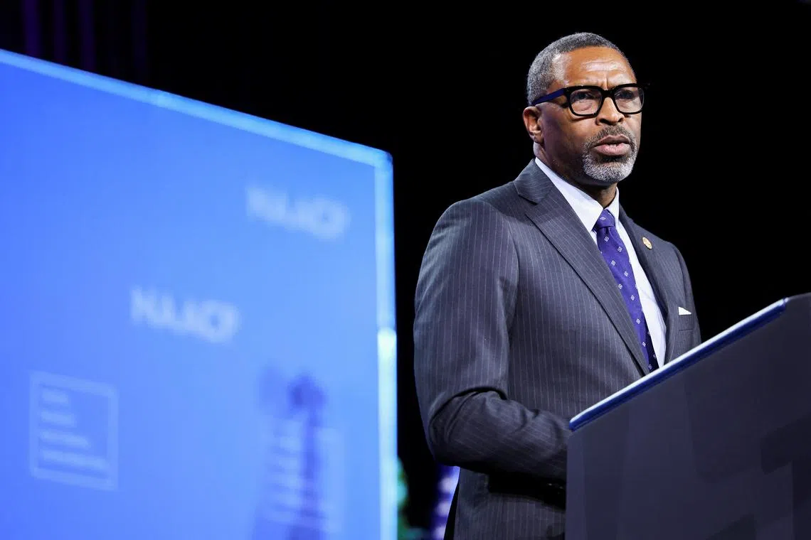 FILE PHOTO: NAACP President Derrick Johnson speaks at the 115th NAACP National Convention in Las Vegas, Nevada, U.S., July 16, 2024. REUTERS/Tom Brenner/File Photo