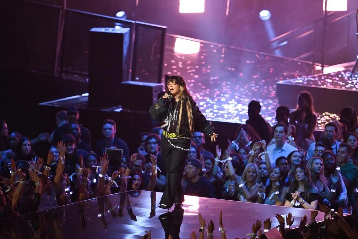 British singer songwriter Lola Young performs on stage during the MTV Video Music Awards in New York on Sept 7, 2025. 