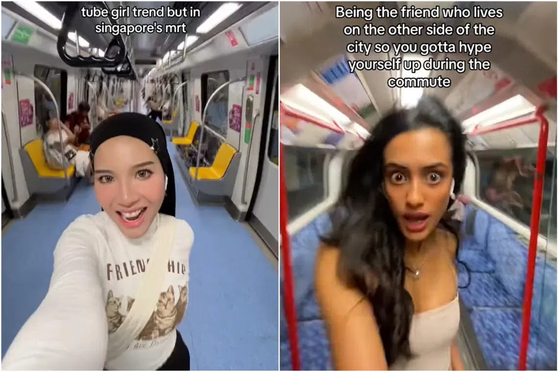 Ms Siti Nurhidayah Sajuna (left) burst into an energetic dance routine on the MRT following a trend started by TikToker Sabrina Bahsoon.