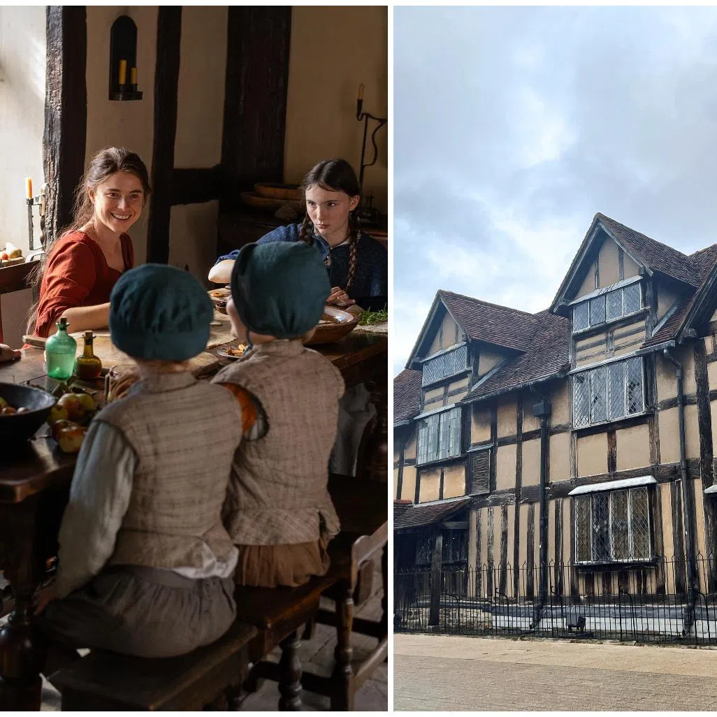 A scene from Hamnet (left) and William Shakespeare's childhood home, in Stratford-upon-Avon.