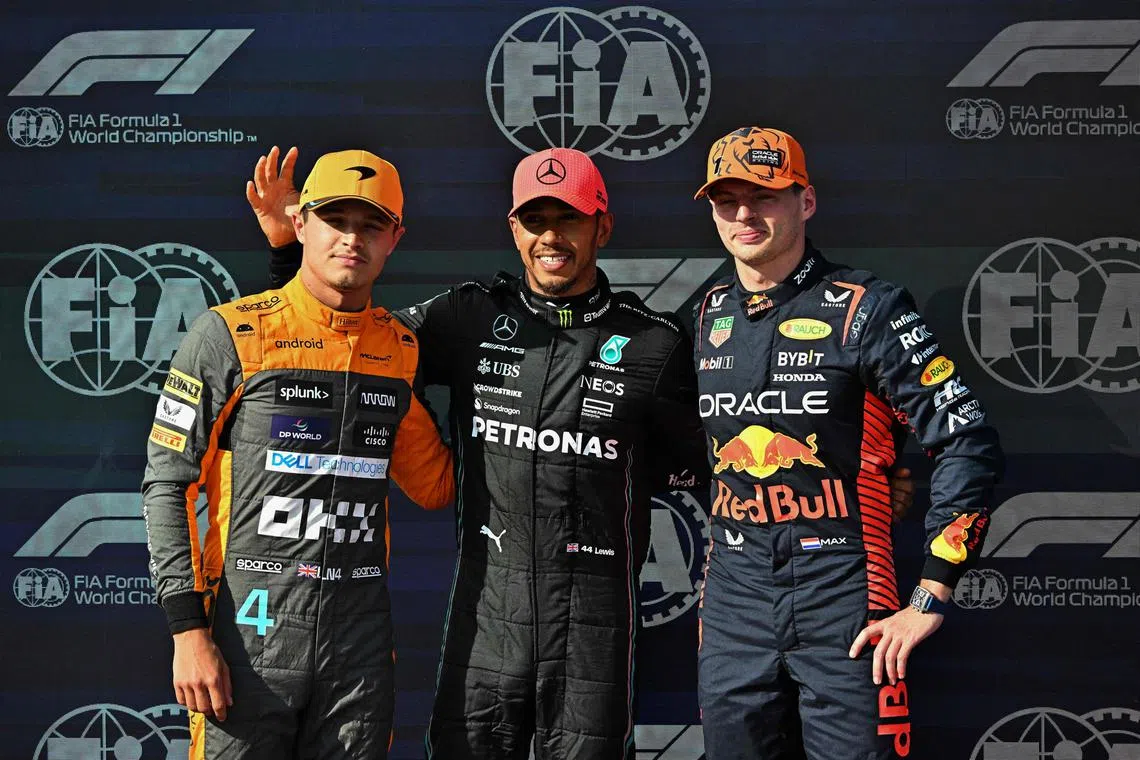From Left: Lando Norris, Lewis Hamilton and Max Verstappen after qualifying at the Hungarian Grand Prix this season.