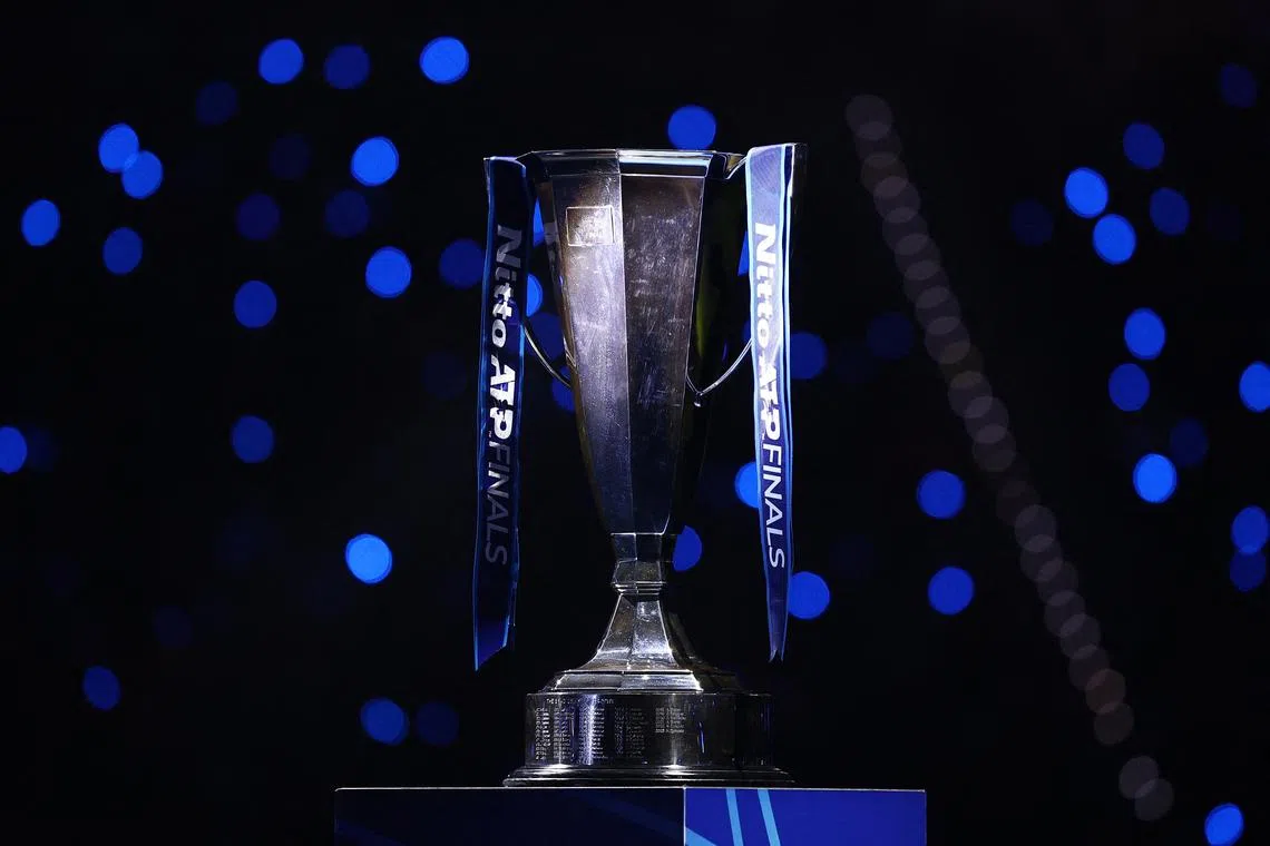 FILE PHOTO: Tennis - ATP Finals - Inalpi Arena, Turin, Italy - November 17, 2024 General view of the ATP Finals trophy REUTERS/Guglielmo Mangiapane/File Photo