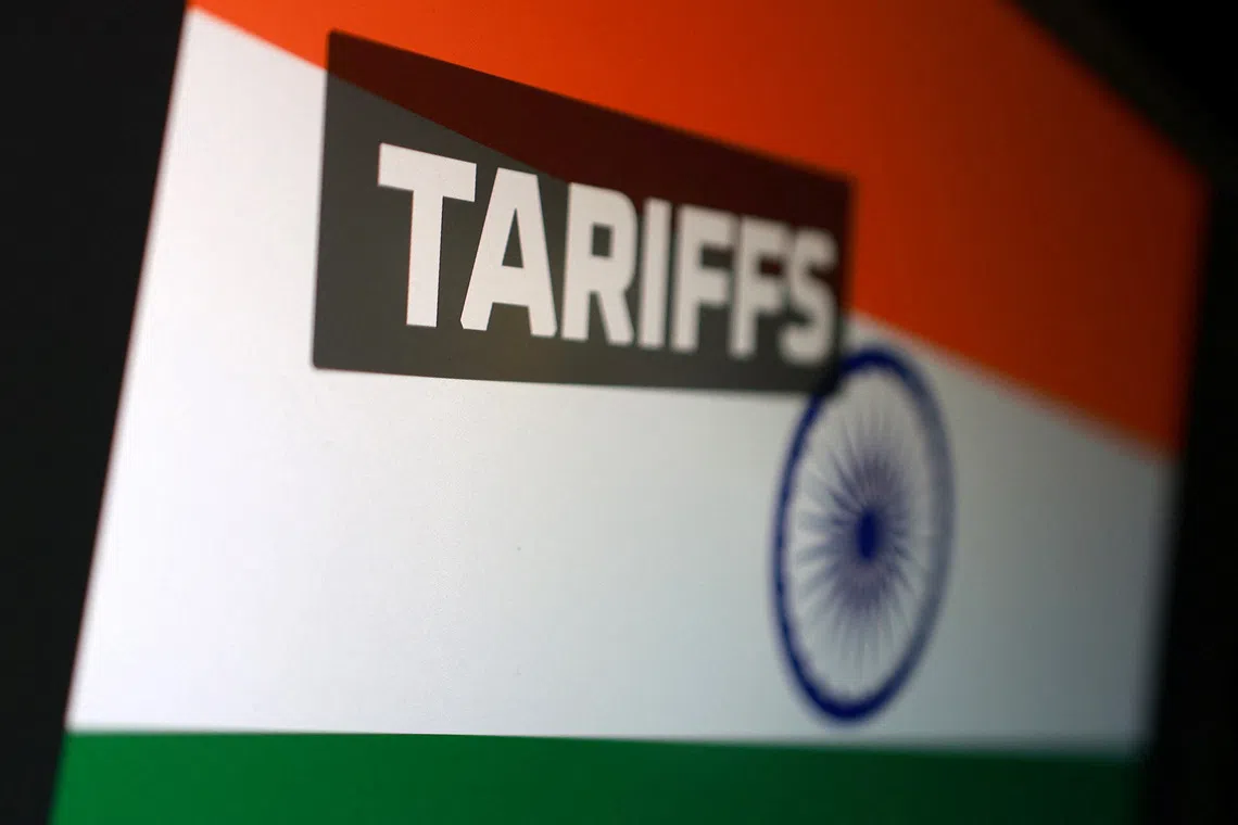 Indian flag and the word \"Tariffs\" are seen in this illustration taken August 27, 2025. REUTERS/Dado Ruvic/Illustration/ File Photo