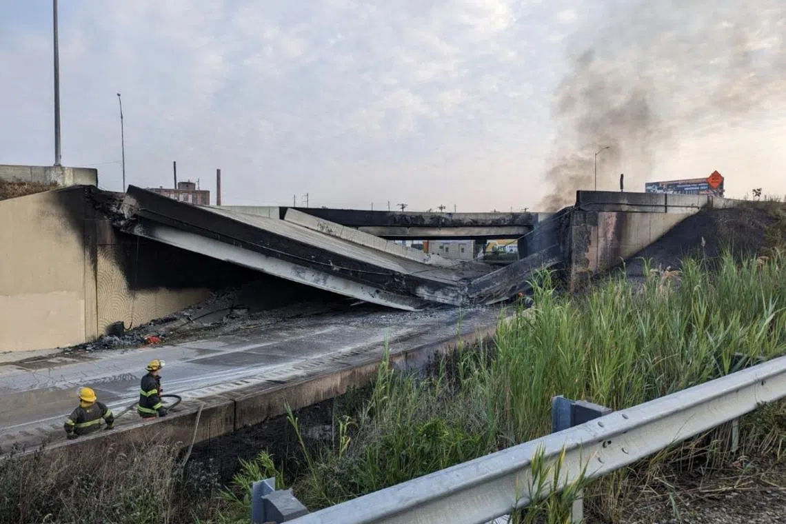 The collapse took out four traffic lanes along an elevated section of heavily traveled Interstate 95.