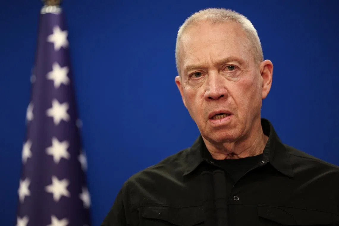 Israeli Defense Minister Yoav Gallant speaks during a joint press conference with U.S. Secretary of Defense Lloyd Austin at Israel's Ministry of Defense in Tel Aviv, Israel December 18, 2023. REUTERS/Violeta Santos Moura/File Photo