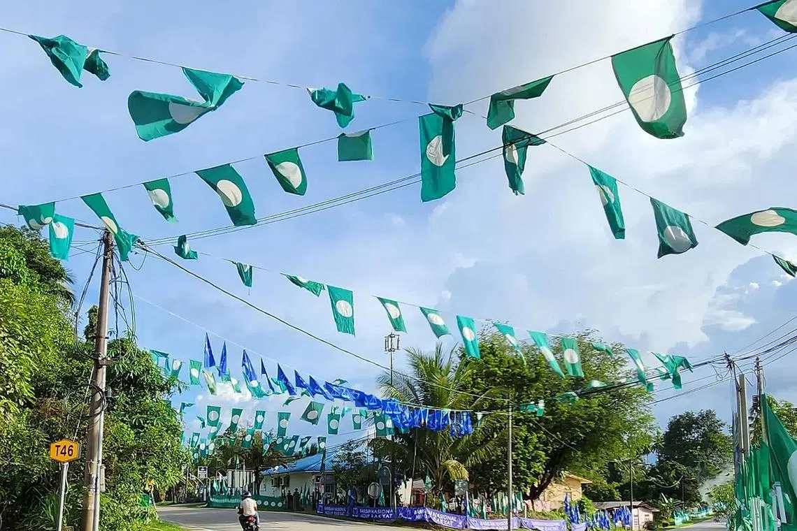 Party flags flying in Terengganu on Nov 11, 2022. Perikatan Nasional and Barisan Nasional are currently in a tight race for control of the state.