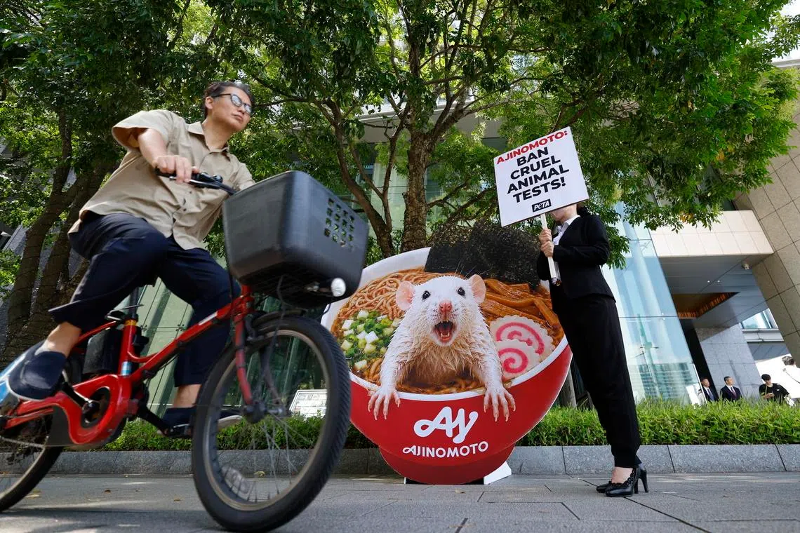 PETA activists staging a protest at a building hosting the Ajinomoto shareholders’ meeting, asking the world’s largest manufacturer of monosodium glutamate (MSG), to end its experiments on dogs, pigs and other animals, in Tokyo, Japan, on June 19, 2026. 