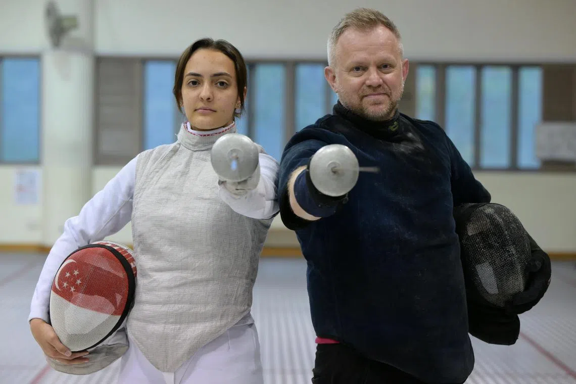 National fencer Amita Berthier (left) has returned to Singapore to train with national foil head coach Oleg Matseichuk ahead of the Paris Olympics.