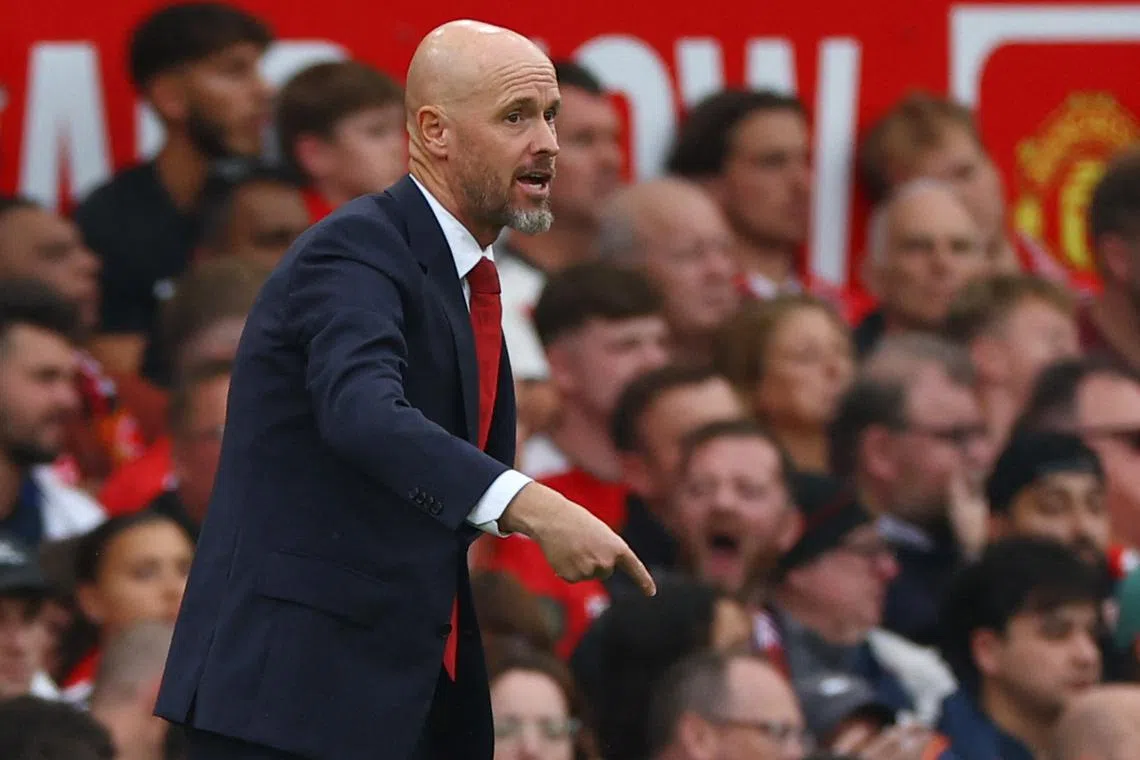 FILE PHOTO: Soccer Football - Premier League - Manchester United v Liverpool - Old Trafford, Manchester, Britain - September 1, 2024 Manchester United manager Erik ten Hag reacts REUTERS/Molly Darlington/File Photo