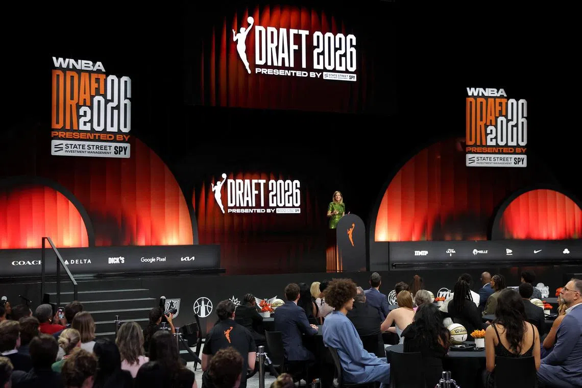 Apr 13, 2026; New York, NY, USA; WNBA Commissioner Cathy Engelbert speaks at the start of the 2026 WNBA Draft at The Shed at Hudson Yards. Mandatory Credit: Brad Penner-Imagn Images