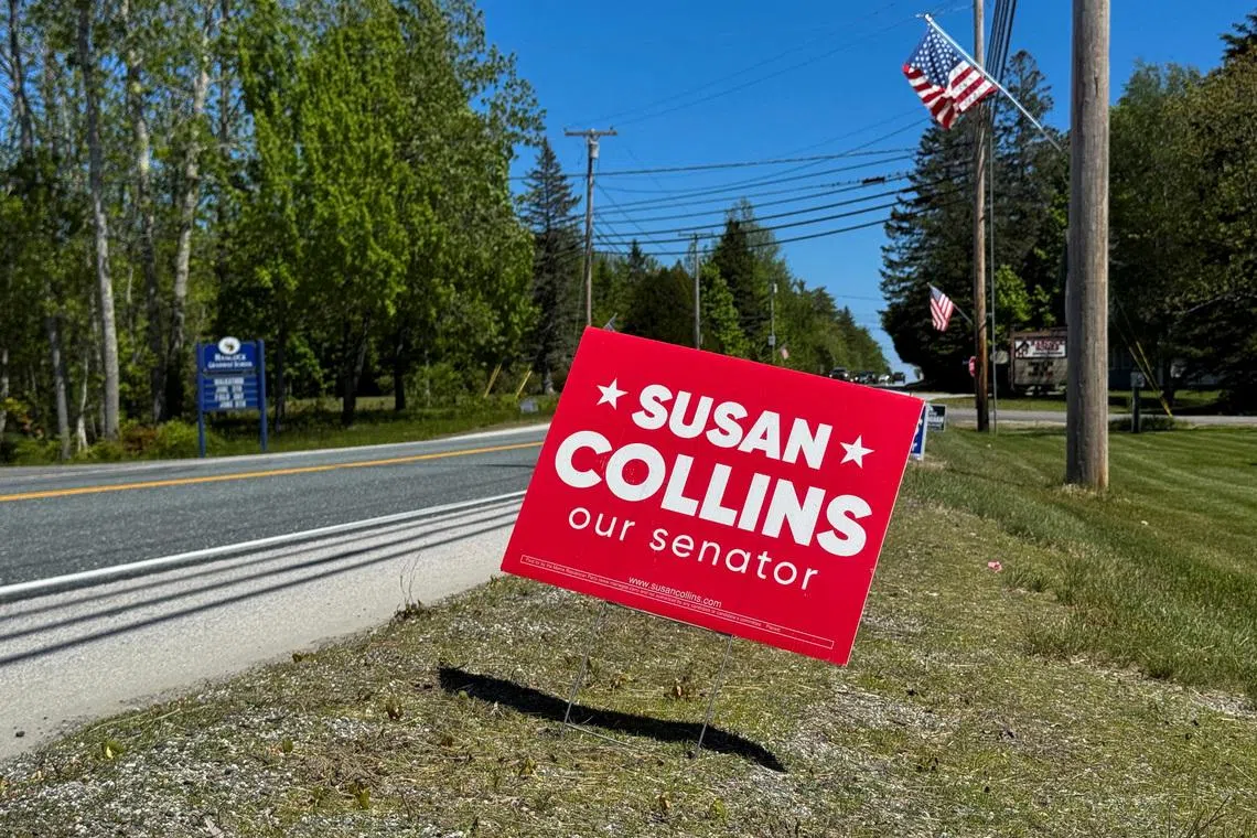 An election sign for Republican Senator from Maine, running for re-election, Susan Collins, stands along a road near the town of Hancock, in rural Maine, US, on June 3.