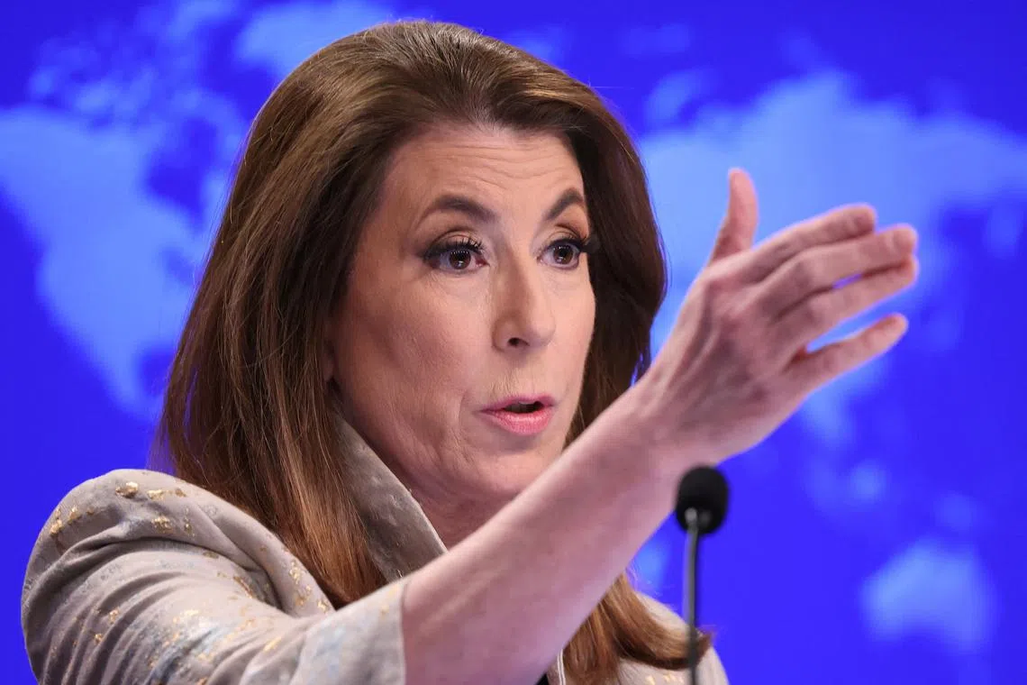 FILE PHOTO: U.S. State Department spokesperson Tammy Bruce speaks during her first press briefing at the State Department in Washington, D.C., U.S., March 6, 2025. REUTERS/Kevin Lamarque/File Photo