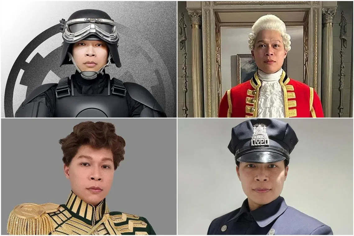 Singaporean actor Eugene Lin has made over 60 appearances as an extra in films and TV shows including (clockwise from top left) Andor, Bridgerton, The Fantastic Four: First Steps and Wicked: For Good.
