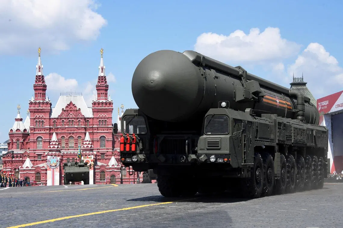 FILE PHOTO: A Russian Yars intercontinental ballistic missile system drives during the Victory Day Parade in Red Square in Moscow, Russia, June 24, 2020. Host photo agency/Iliya Pitalev via REUTERS/File Photo