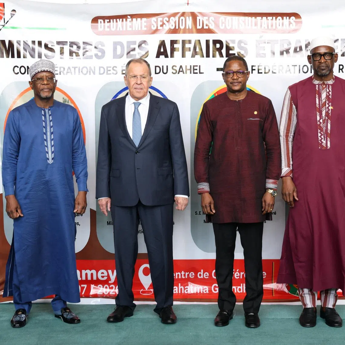 Russia’s Foreign Minister Sergei Lavrov pose with Niger Foreign Minister Bakary Yaou Sangare, Burkina Faso Foreign Minister Karamoko Jean Marie Traore and Mali's Foreign Minister Abdoulaye Diop during a meeting with the Alliance of Sahel States (AES) ministers in Niamey, Niger July 8, 2026. Russian Foreign Ministry/Handout via REUTERS