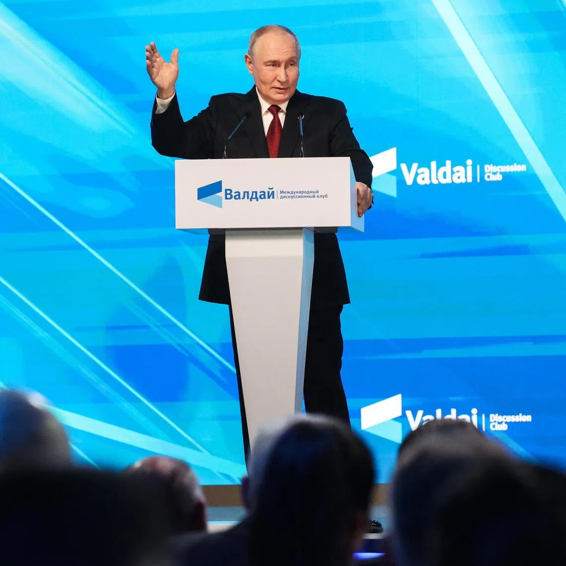 Russian President Vladimir Putin delivering a speech in Moscow, Russia, on Oct 1.