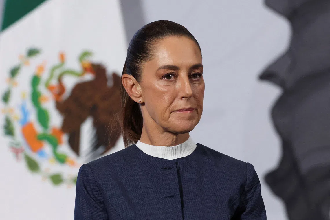 FILE PHOTO: Mexico's President Claudia Sheinbaum attends a press conference at the National Palace in Mexico City, Mexico, November 3, 2025. REUTERS/Henry Romero/File Photo