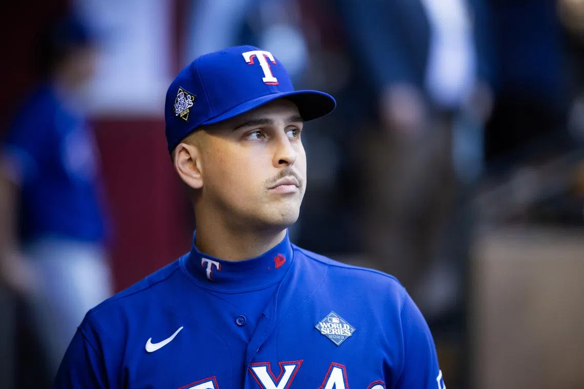 Oct 30, 2023; Phoenix, AZ, USA; Texas Rangers first baseman Nathaniel Lowe (30) against the Arizona Diamondbacks during game three of the 2023 World Series at Chase Field. Mandatory Credit: Mark J. Rebilas-USA TODAY Sports/ File Photo