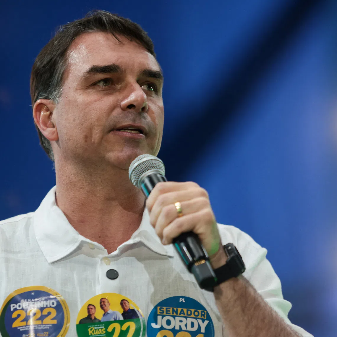 Brazilian presidential candidate and senator Flavio Bolsonaro speaks at an event to launch the gubernatorial campaign of state candidate Douglas Ruas, at Maracanazinho in Rio de Janeiro, Brazil, August 22, 2026. REUTERS/Tita Barros