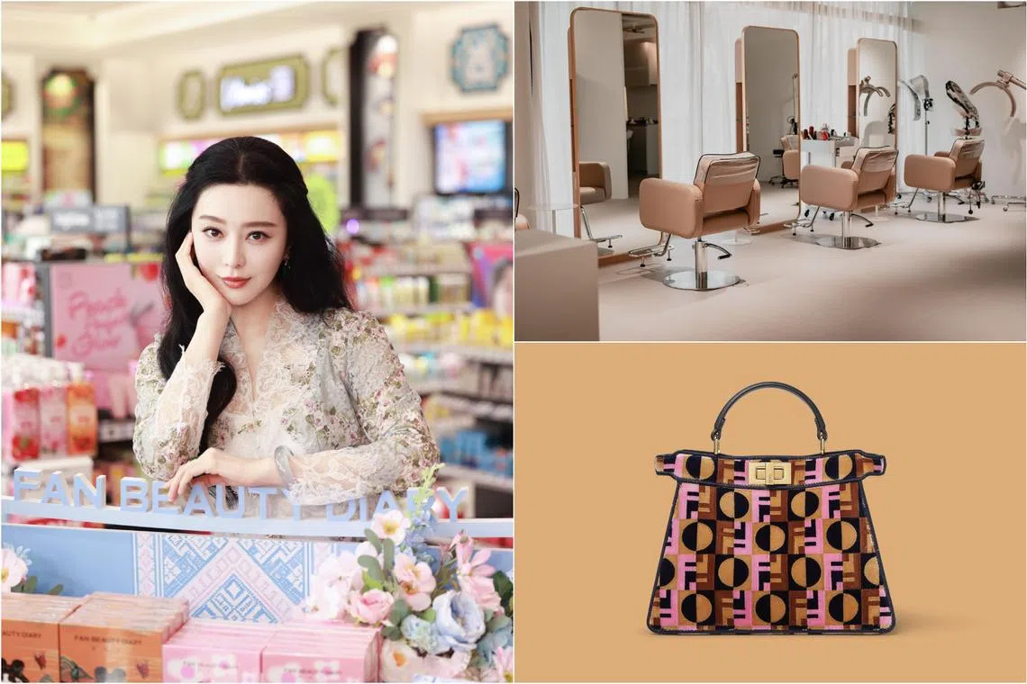 (Clockwise from left) Chinese actress Fan Bingbing, Leekaja salon at Tangs and the Peekaboo bag from Fendi's Emily in Paris capsule collection.
