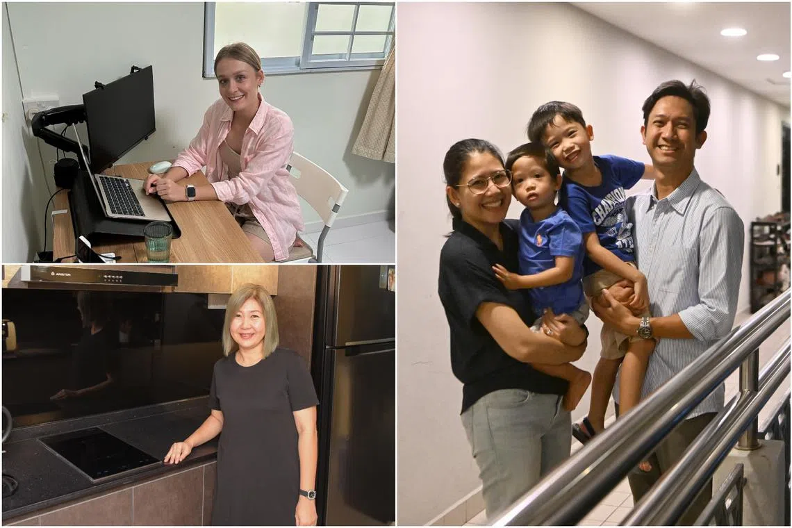 (Clockwise from top left) Ms Julia Ciaciek, Ms Karen Guevara and husband Loren Guevara and family, and Ms Connie Chia.