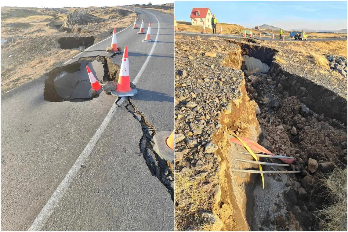 Cracks on a road which emerged due to volcanic activity near Grindavik, Iceland, on Nov 13.