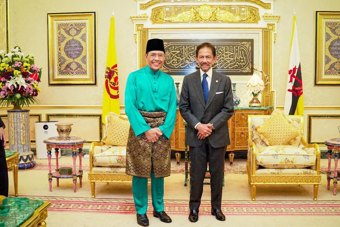 Second Minister for Foreign Affairs Dr Maliki Osman's (in green) royal audience with Brunei's Sultan Hassanal Bolkiah.