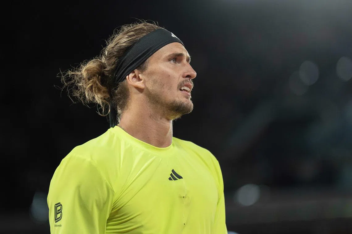 Jun 4, 2025; Paris, FR; Alexander Zverev of Germany during his match against Novak Djokovic of Serbia on day 11 at Roland Garros Stadium.  Mandatory Credit: Susan Mullane-Imagn Images