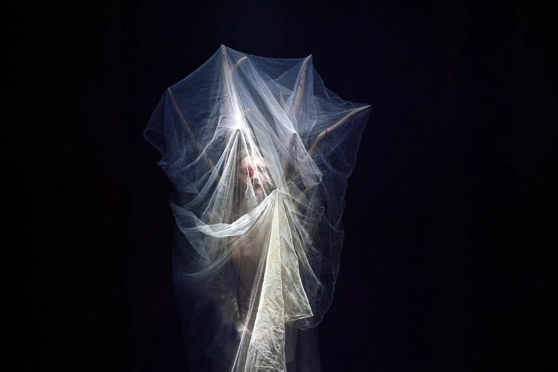 A design by Wackie Ju is presented during the Fashion X Theatre show as part of Melbourne Fashion Week in Melbourne, Australia,  Oct 23, 2023.