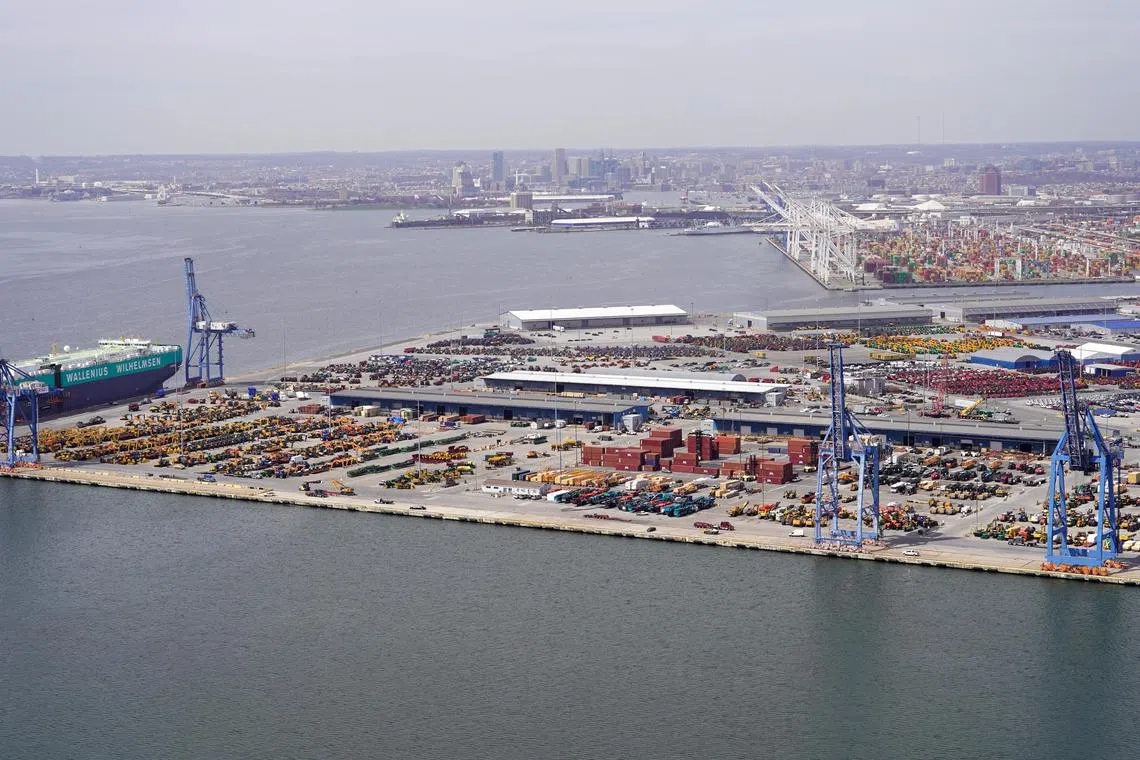 Aerial view of the a container yard at the Port of Baltimore, after the Dali cargo vessel crashed into the Francis Scott Key Bridge, causing it to collapse on March 26, 2024. 