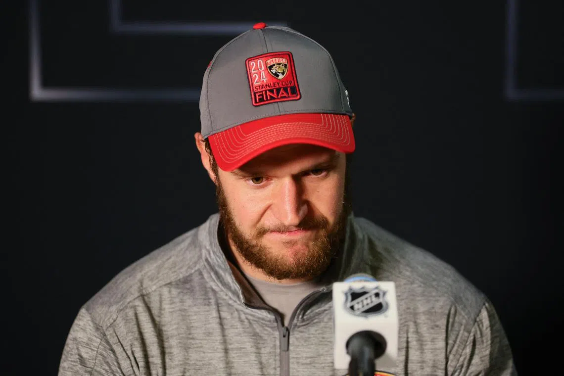 FILE PHOTO: Jun 7, 2024; Sunrise, Florida, USA; Florida Panthers center Aleksander Barkov (16) speaks to reporters during media day in advance of the 2024 Stanley Cup Final at Amerant Bank Arena. Mandatory Credit: Sam Navarro-USA TODAY Sports/File Photo