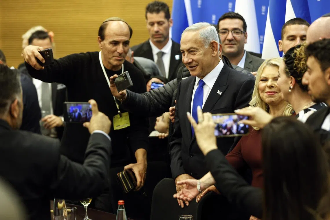 Israeli Prime Minister Benjamin Netanyahu and his wife Sara attend a toast for the new Speaker of the Knesset, Mr Amir Ohana, on Dec 29, 2022.