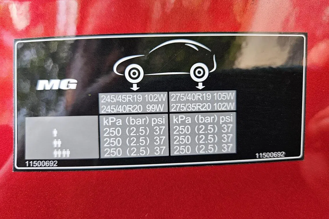 scshop02 - The tyre size and air pressure label of the MG Cyberster

Credit: Shreejit Changaroth
