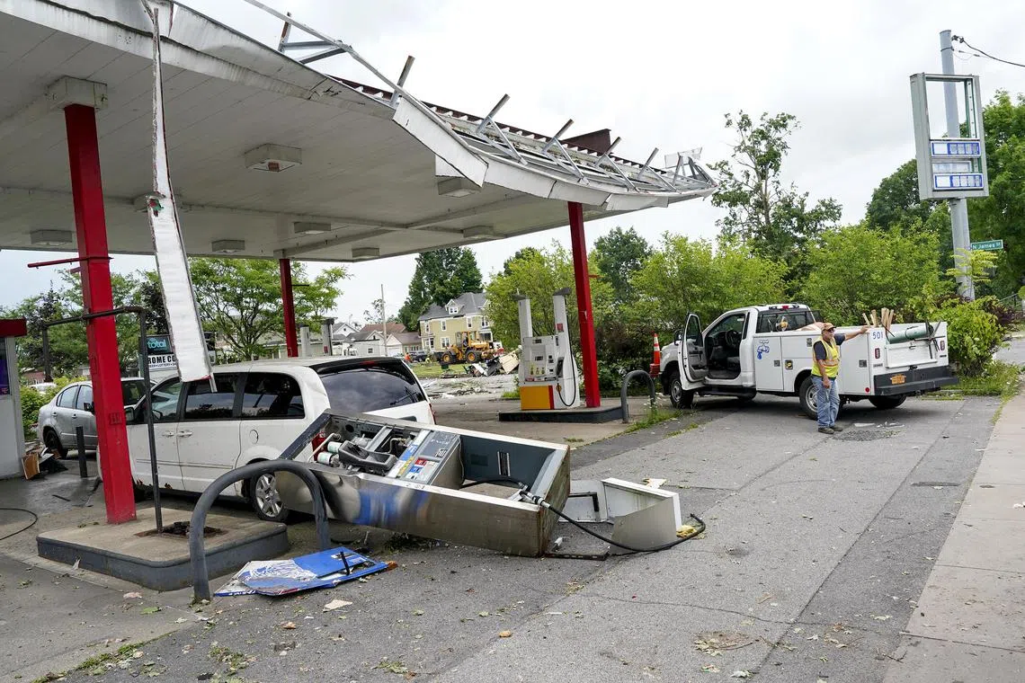Damage at a gas station following an overnight tornado in Rome, New York, on July 17, 2024.  