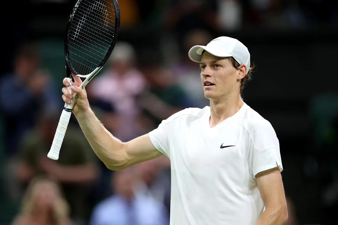 Italy's Jannik Sinner celebrates his third-round win against Miomir Kecmanovic of Serbia.