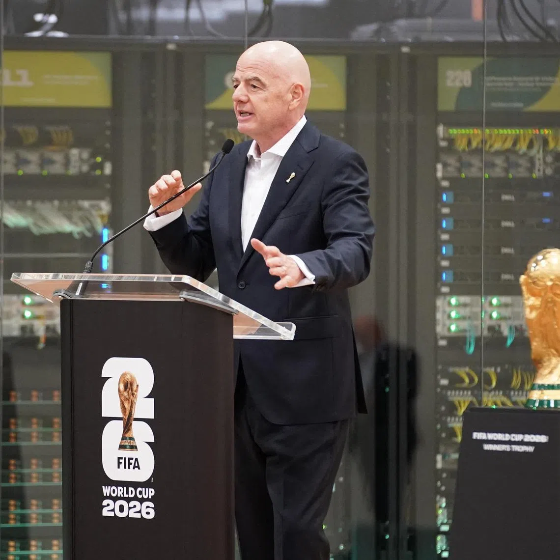 Jun 1, 2026; Dallas, Texas, USA; FIFA President Gianni Infantino speaks during the grand opening of the 2026 FIFA World Cup international broadcast center at Kay Bailey Hutchison Convention Center. Mandatory Credit: Raymond Carlin III-Imagn Images