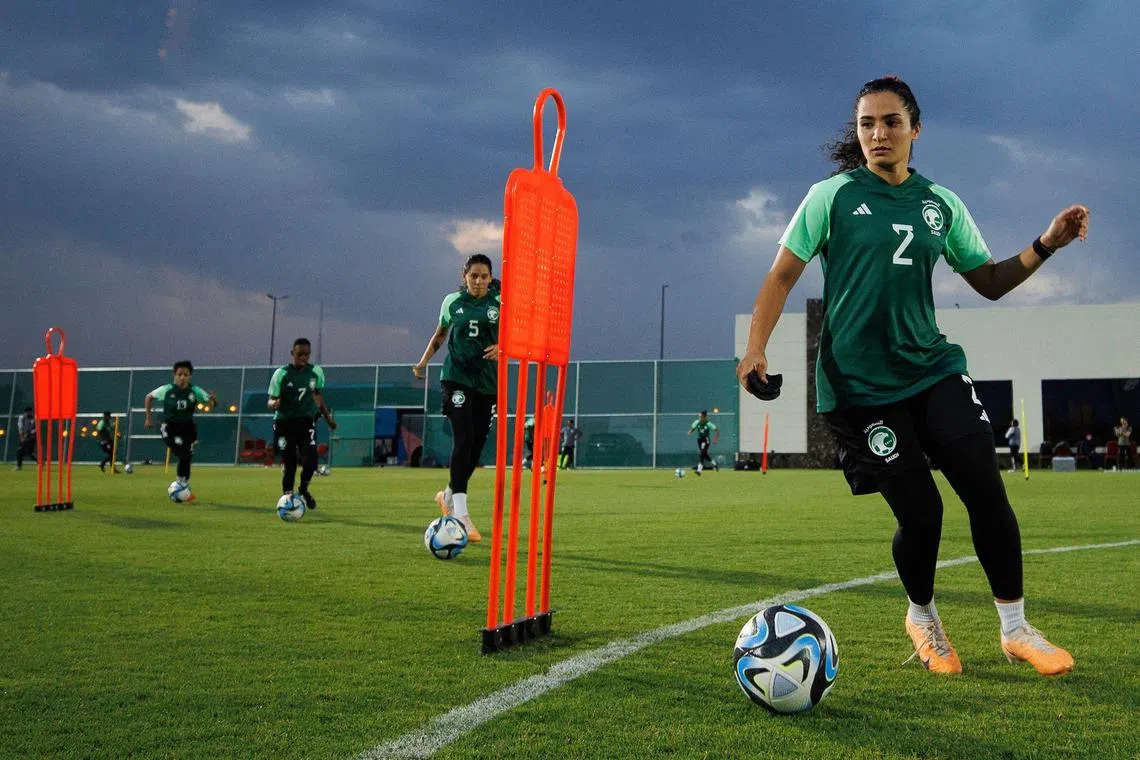Players of the Saudi women's national team during a training session in the mountain city of Taif, in preparation for their game against Pakistan.