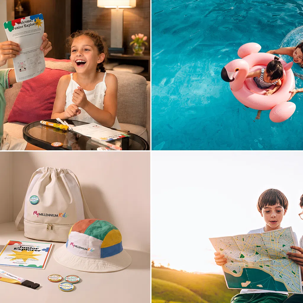 MyMillennium Kids activities: Mother and daughter swimming in hotel pool, kids doing arts and craft, tween boys doing a scavenger hunt, MyMillennium Kids merchandise such as a drawstring bag, lanyard or a bucket hat
