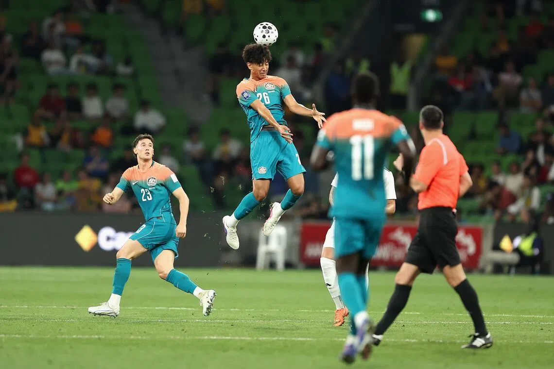 Lucas Herrington of Australia heads the ball in the FIFA Series 2026 match between the against Curacao at AAMI Park in Melbourne on March 31, 2026.