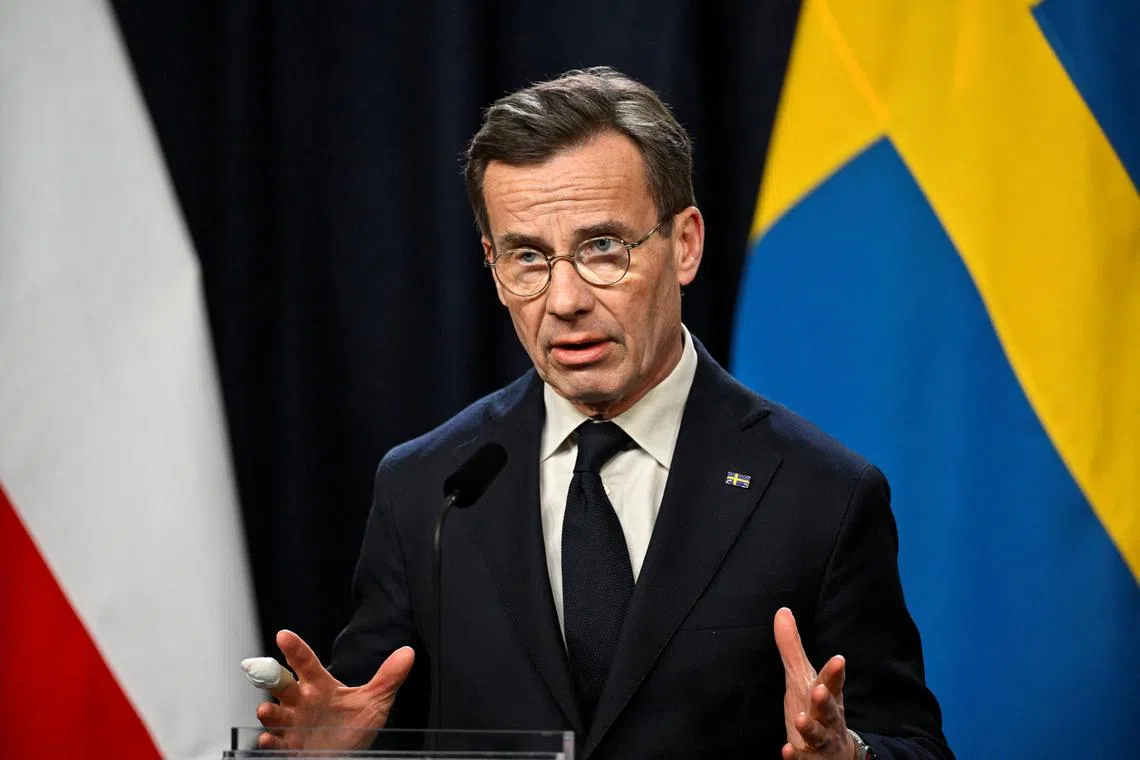 Sweden's Prime Minister Ulf Kristersson speaks during Wednesday's summit at Harpsund, in Flen, Sweden, November 27, 2024. Henrik Montgomery/TT News Agency/via REUTERS