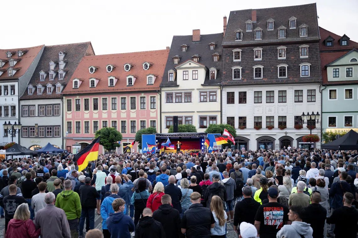 People attend a campaign rally of the Alternative for Germany (AfD) party ahead of Germany's Saxony-Anhalt state election, in Naumburg, Germany, August 24, 2026. REUTERS/Annegret Hilse