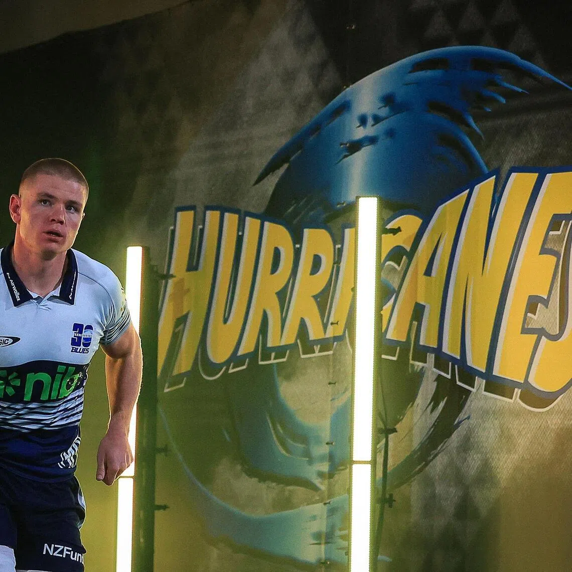 Blues Anton Segner enters the field during the Super Rugby Pacific semi-final match between the Wellington Hurricanes and Auckland Blues in Wellington on June 13, 2026. (Photo by Grant Down / AFP)
