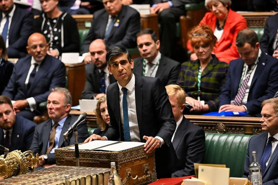 British Prime Minister Rishi Sunak makes a statement on Israel and Palestinians at the House of Commons in London, Britain September 16, 2023. UK Parliament/Maria Unger/Handout via REUTERS.