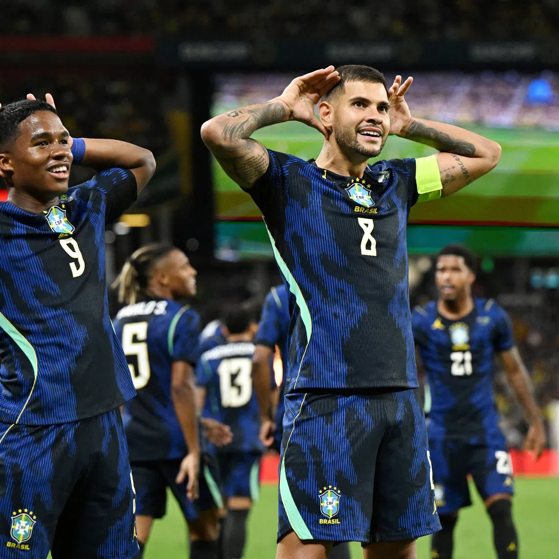 Soccer Football - International Friendly - Australia v Brazil - Suncorp Stadium, Brisbane, Australia - September 29, 2026 Brazil's Bruno Guimaraes celebrates scoring their third goal with Endrick DARREN ENGLAND/AAP Image via REUTERS