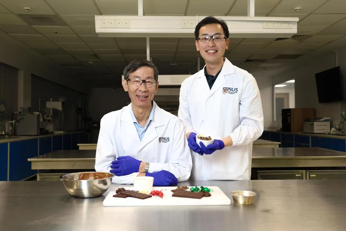 ST20251125_202536000629/ Hester Tan/ hscarob/ NUS created a sustainable alternative to chocolate, carob pulp by grinding and roasting creating 2 versions. Associate Prof Liu Shao Quan (left) and Mr Manfred Ku, PhD student from Department of Food Science and Technology, NUS at 2 Science Drive 2 on 25 November 2025 