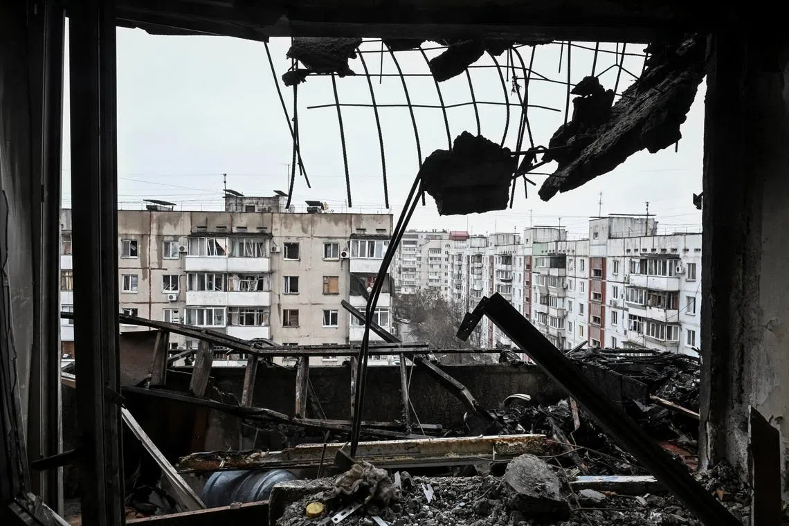 The interior of the damaged flat in an apartment building hit by a Russian drone strike, amid Russia's attack on Ukraine, in Zaporizhzhia, Ukraine February 26, 2026. REUTERS/Stringer