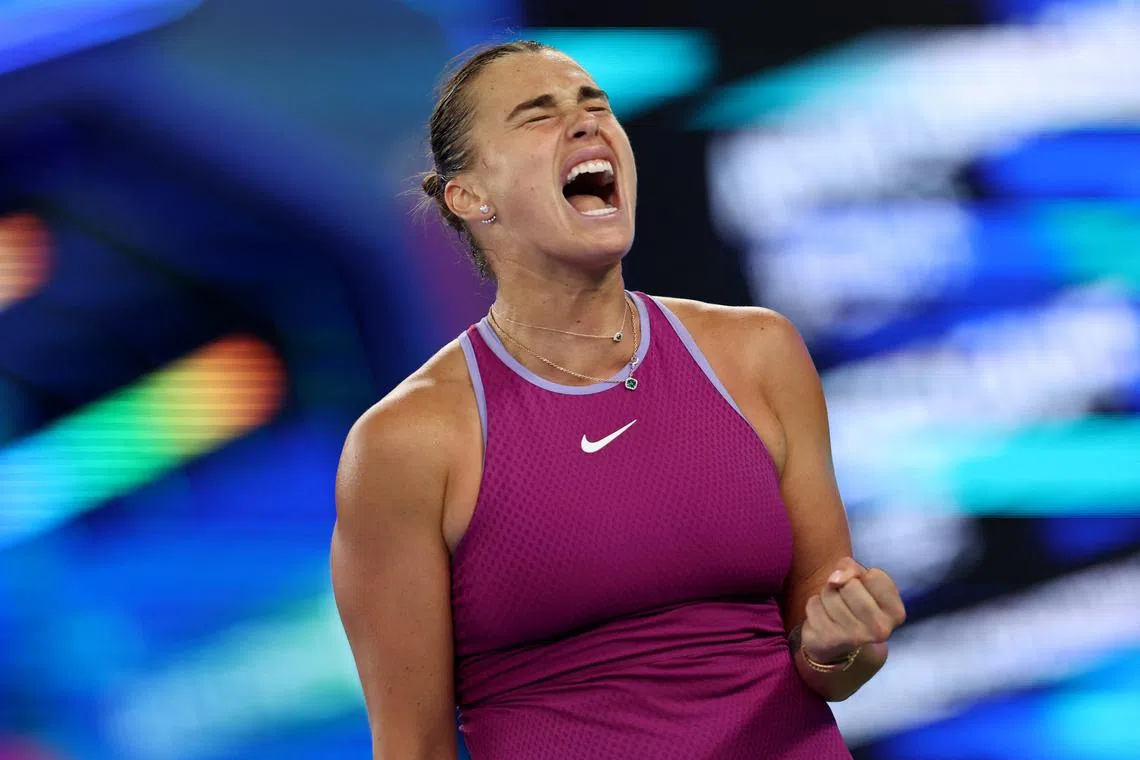Tennis - Wuhan Open - Optics Valley International Tennis Center, Wuhan, China - October 12, 2024 Belarus' Aryna Sabalenka reacts during her semi final match against Coco Gauff of the U.S. REUTERS/Florence Lo