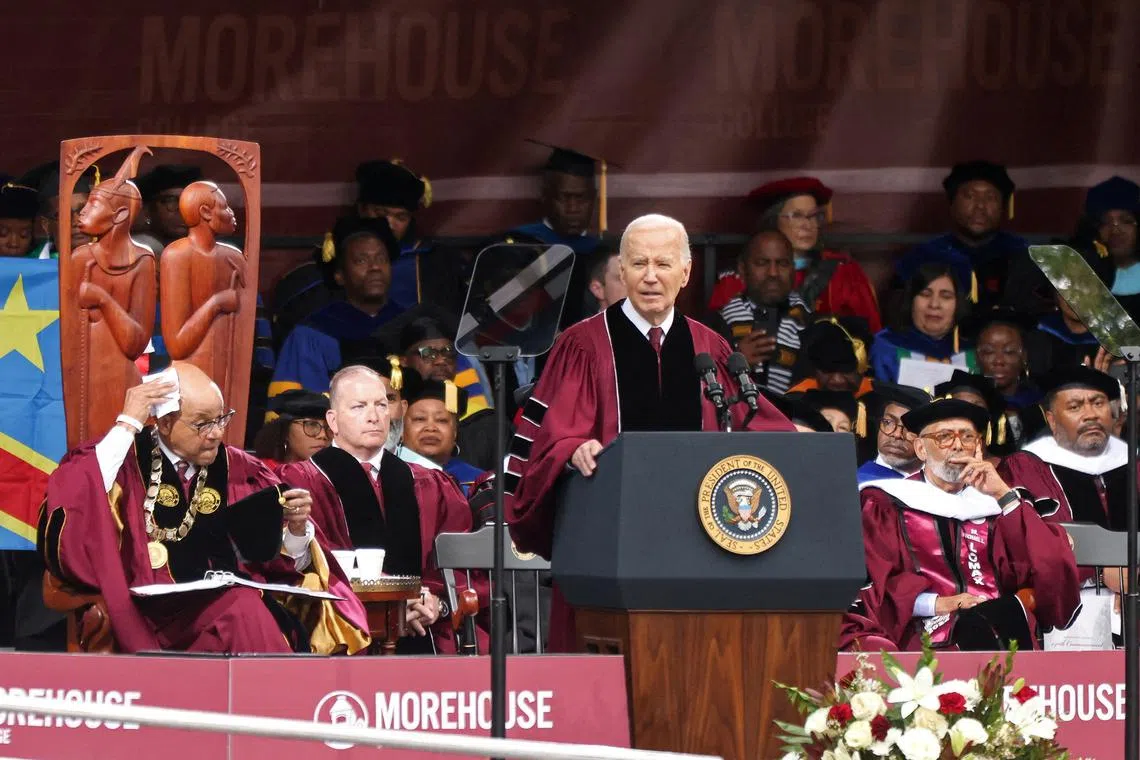 U.S. President Joe Biden addresses Morehouse College graduates during a commencement ceremony in Atlanta, Georgia, U.S., May 19, 2024.  REUTERS/Alyssa Pointer