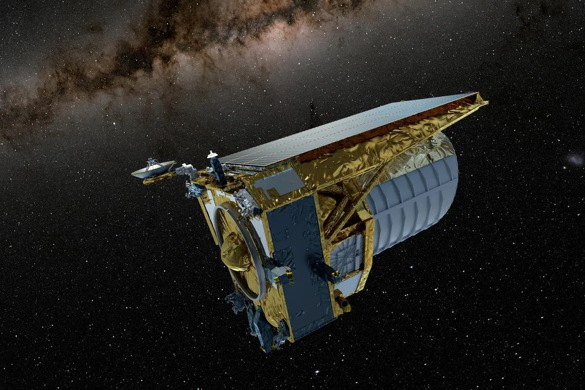 An artist's concept shows the Euclid space telescope, built by the European Space Agency (ESA) that is set to be launched by a SpaceX Falcon 9 rocket, in operation, in this undated handout image.  European Space Agency (ESA)/Handout via REUTERS    THIS IMAGE HAS BEEN SUPPLIED BY A THIRD PARTY MANDATORY CREDIT